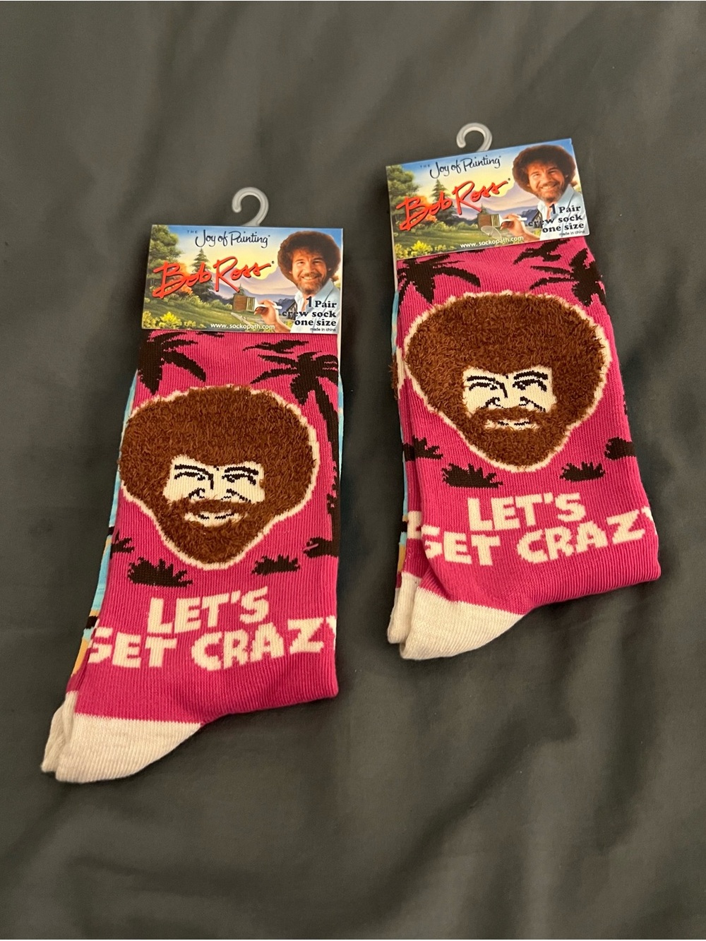 Bob Ross 2 pairs “Let's Get Crazy" Pink Novelty Socks Bob Ross Brand New